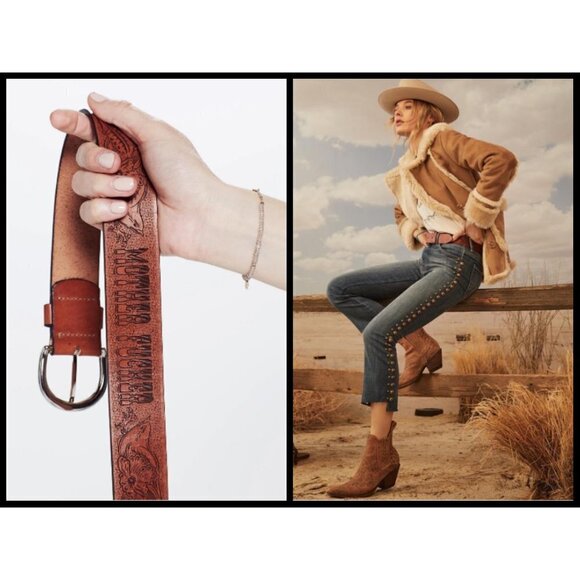 💕MOTHER💕 The Buckle Up Belt ~ Brown MF 100% Leather Engraved Medium M NWT - Picture 1 of 16